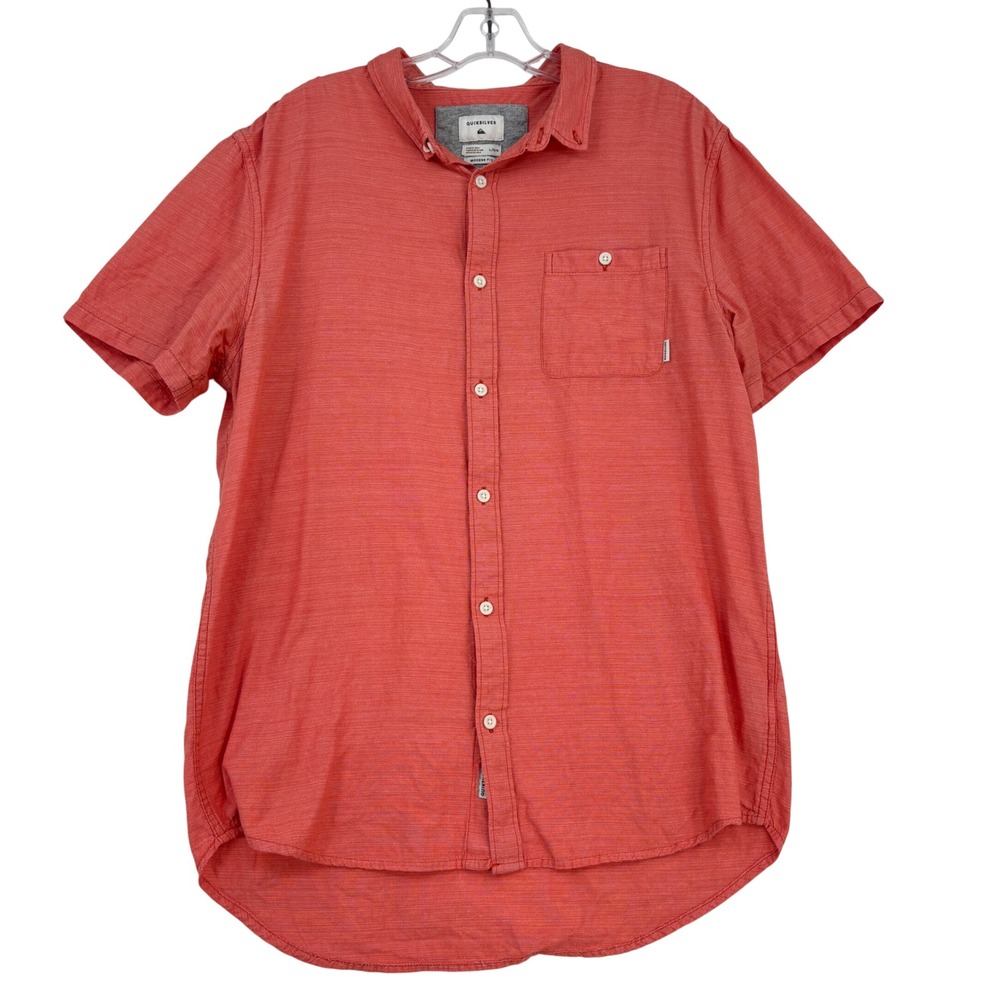 Quiksilver Button Down Shirt Mens L Salmon Coral Button Up Cotton Short Sleeve